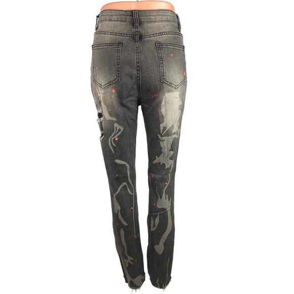 Shein Paint Splatter Black Distressed Straight Skinny Slim Leg Denim Jeans 27 - Picture 3 of 5